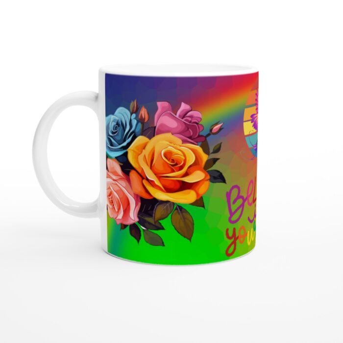 Färgsprakande Keramisk Mugg – "Believe in Yourself" med Kolibri och Rosor