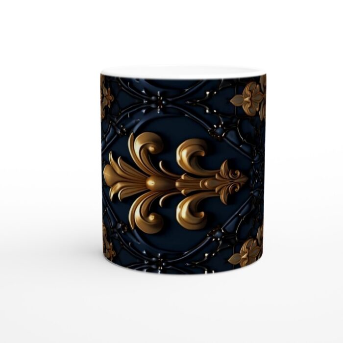 Vit 11oz keramikmugg med kunglig design i guld och midnattsblått