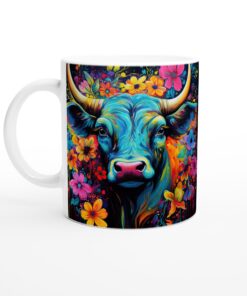 Färgsprakande Keramisk Mugg – Konstnärlig Tjurskalle med Blomsterprakt