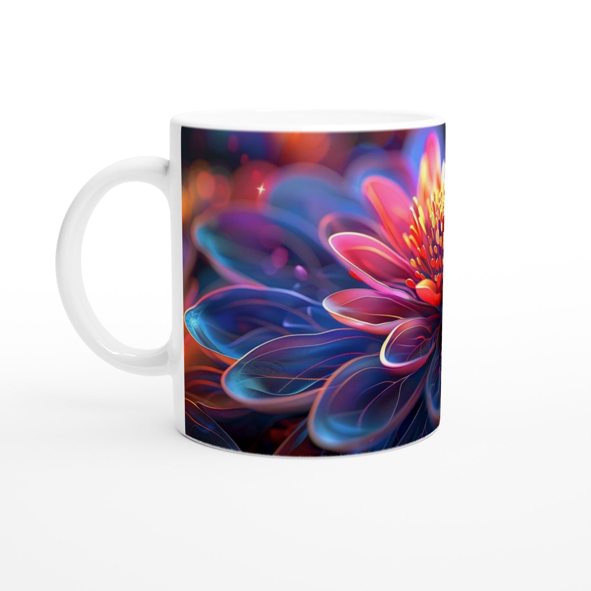 Vit 11oz keramisk mugg med Kosmisk Blomsterprakt – Levande Digital Konst