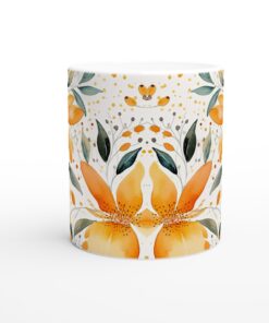 Vit 11oz keramisk mugg med akvarellmönster av gula blommor och gröna blad – perfekt present