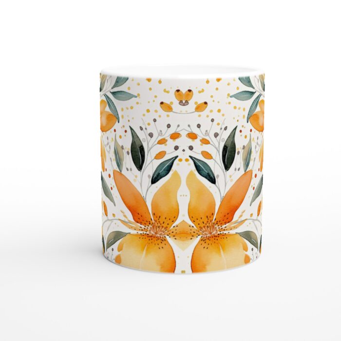 Vit 11oz keramisk mugg med akvarellmönster av gula blommor och gröna blad – perfekt present