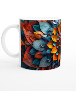Vit 11oz keramisk mugg med levande, abstrakt blomsterkonst i orange och teal