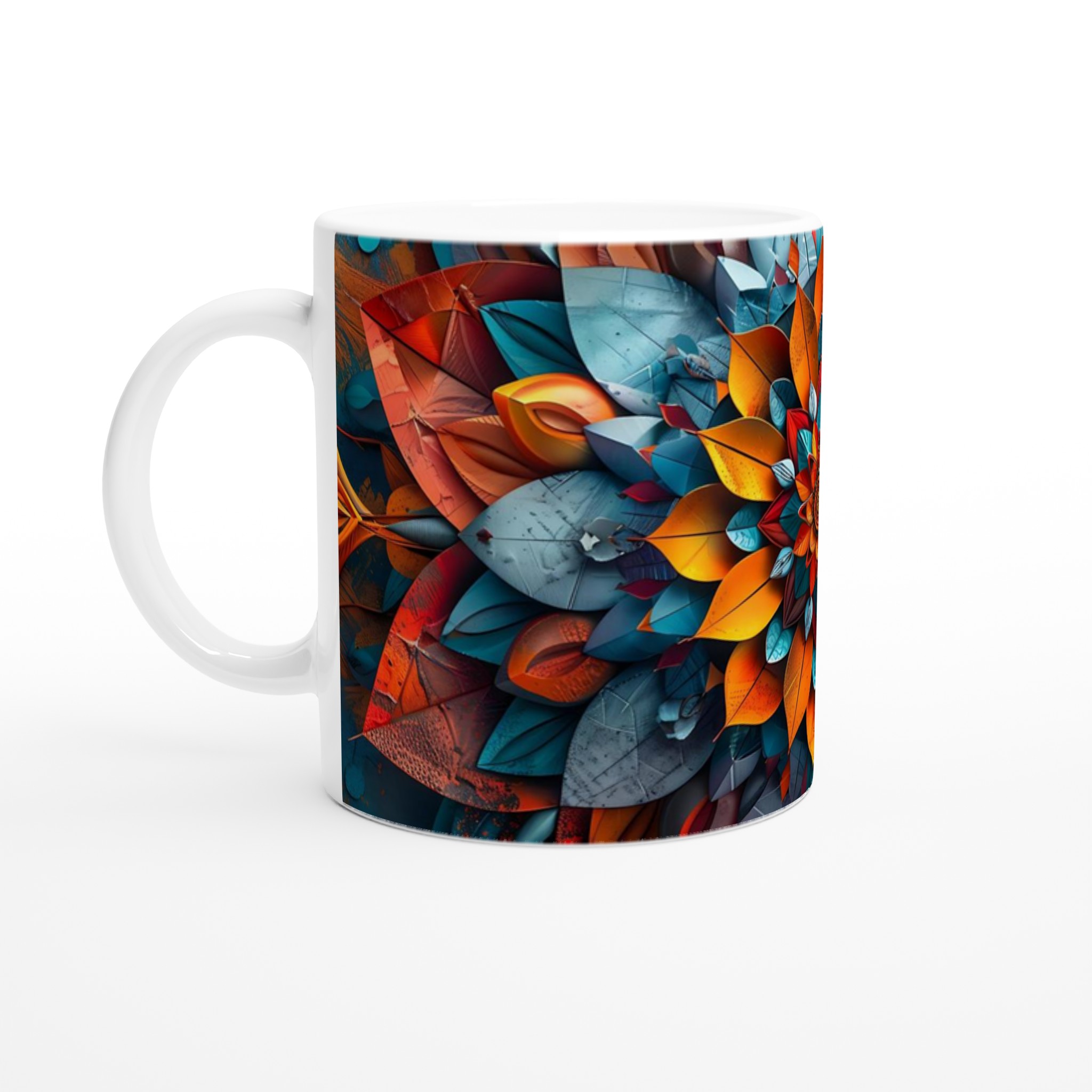 Vit 11oz keramisk mugg med levande, abstrakt blomsterkonst i orange och teal
