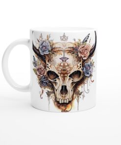 Keramisk Mugg – Mystisk Döskalle med Blommor & Horn – Gotisk Eleganz för Kaffeälskaren