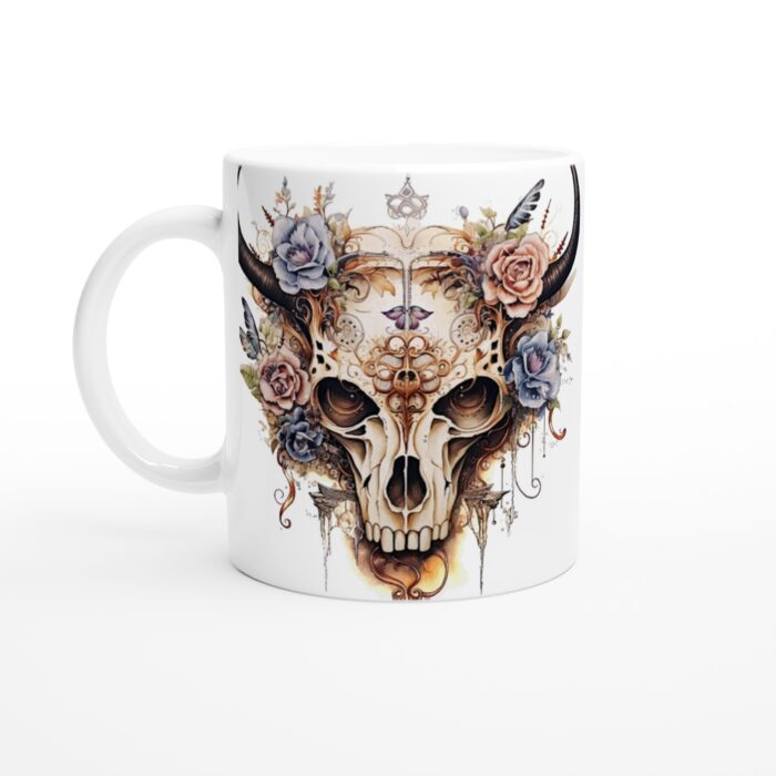 Keramisk Mugg – Mystisk Döskalle med Blommor & Horn – Gotisk Eleganz för Kaffeälskaren