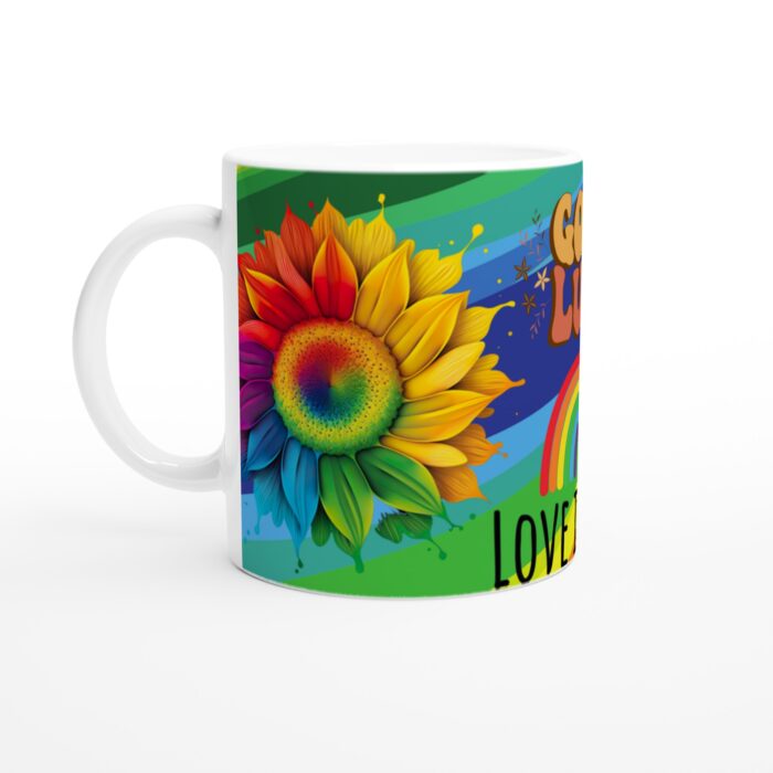 Färgglad Solros Mugg – 'Good Luck, Love Is Love' Keramisk Mugg med Regnbågens Färger