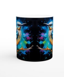 Abstrakt Fågelmugg - Färgexplosion med Blå och Orange Fåglar på Svart Keramikmugg 11oz