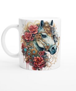 Steampunk Häst Keramisk Mugg – Unik Design med Rosor & Kugghjul för Konstälskaren