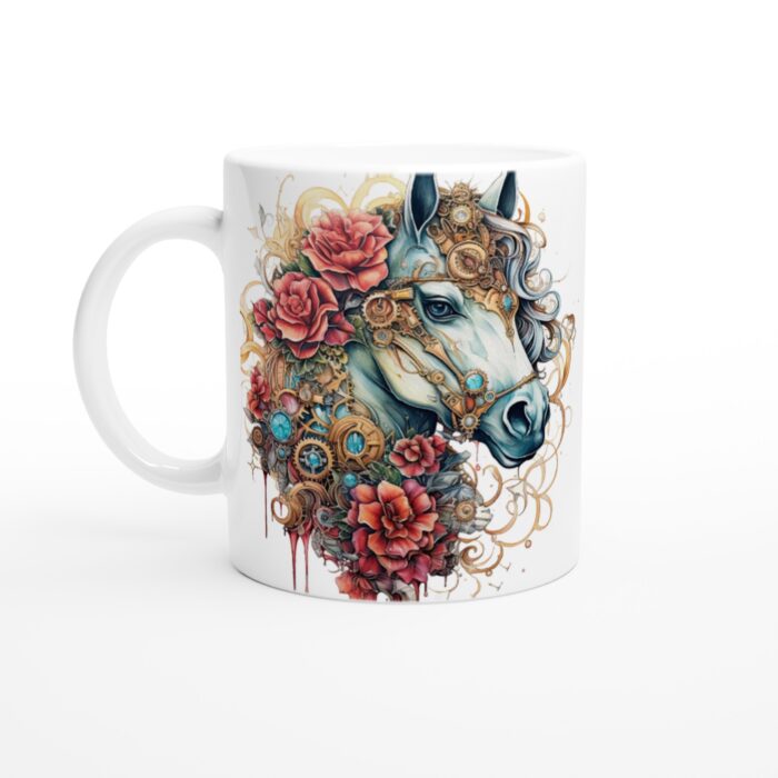 Steampunk Häst Keramisk Mugg – Unik Design med Rosor & Kugghjul för Konstälskaren