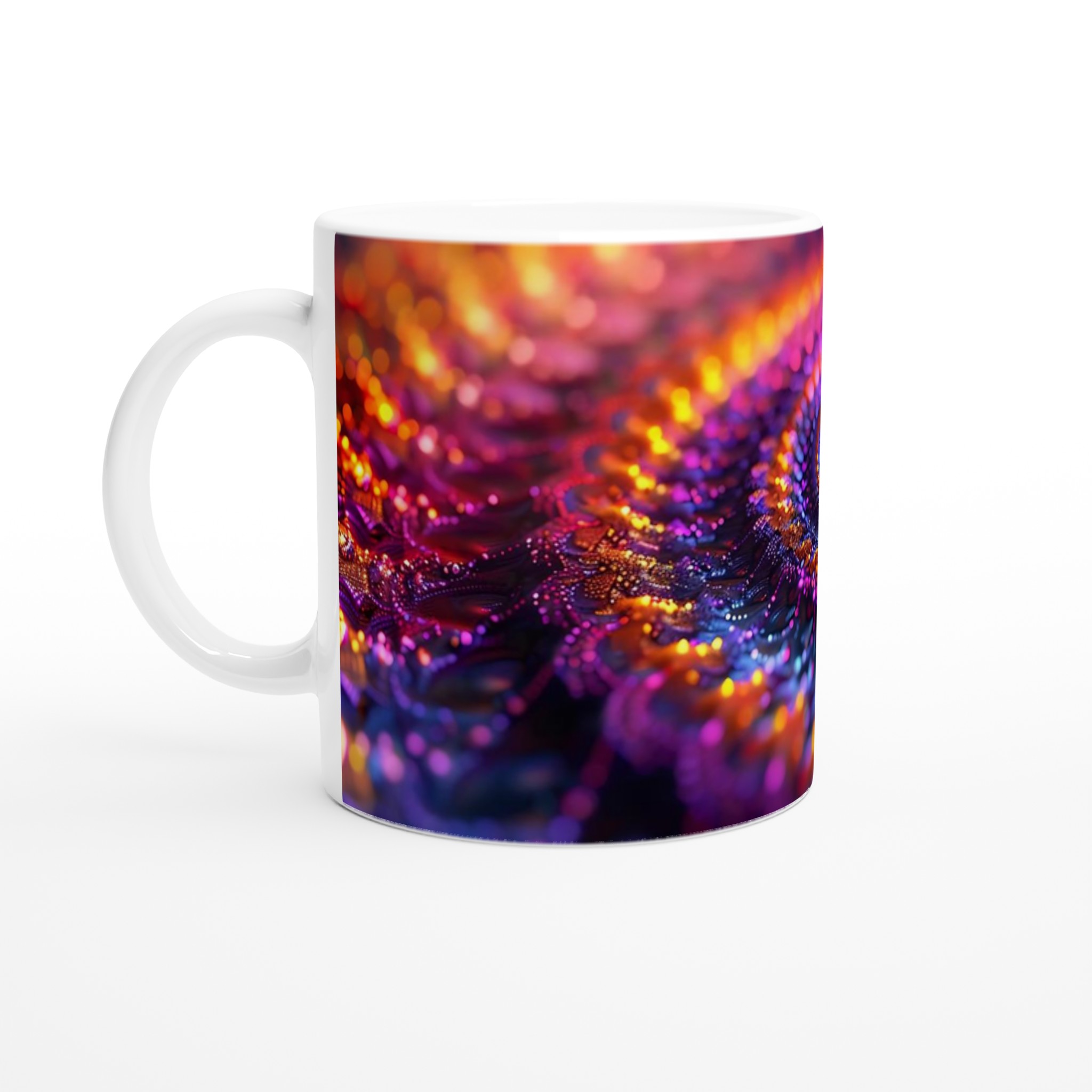 Vit 11oz keramisk mugg – “Neon Dreamscape” Konsttryck – En explosion av färg och ljus