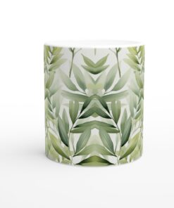 Meditativ Olivbladsmugg – Vit 11oz Keramisk Mugg med Lugnt Akvarelltryck