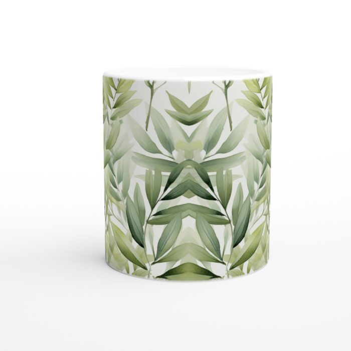 Meditativ Olivbladsmugg – Vit 11oz Keramisk Mugg med Lugnt Akvarelltryck