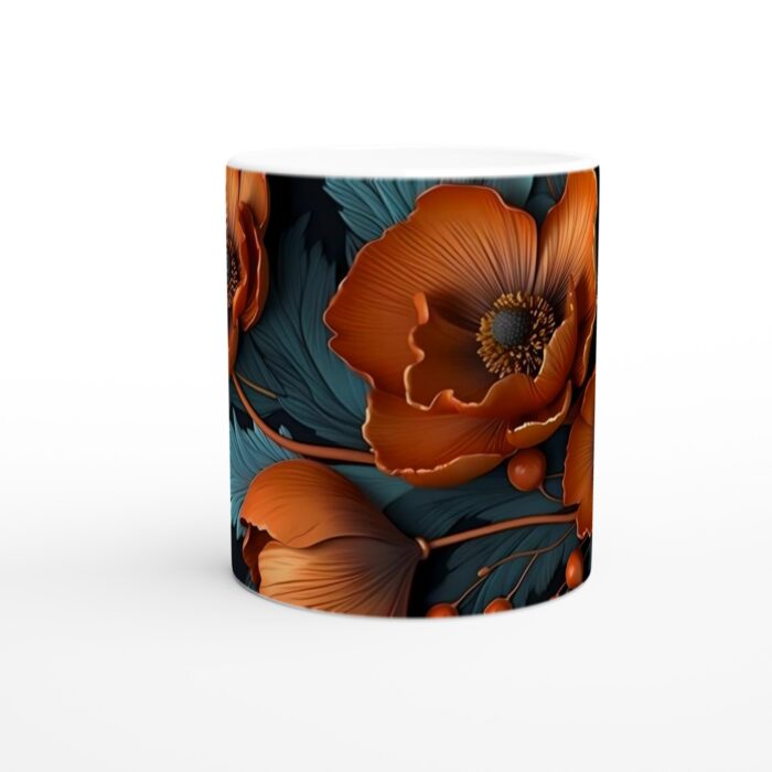 Konstnärlig Keramisk Mugg med Vibrerande Orange Blommor och Teal Löv – Perfekt för En Lyxig Kaffeupplevelse