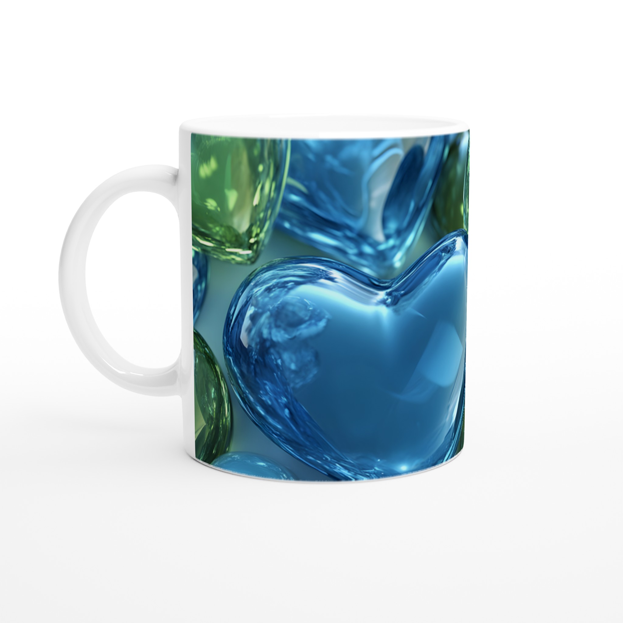 Kärlekens skimrande hjärtan – Vit 11oz keramisk mugg med glittrande gröna och blåa hjärtan