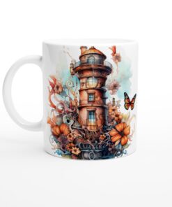 Fantasifull Keramisk Mugg – Drömsk fyr med fjärilar och blommor – Vardagsfavoriten
