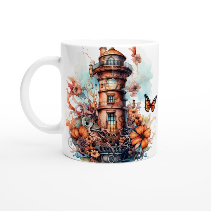 Fantasifull Keramisk Mugg – Drömsk fyr med fjärilar och blommor – Vardagsfavoriten
