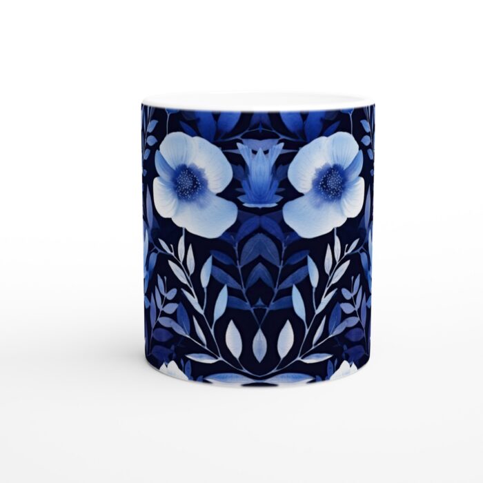 Nattblå Blomsterdröm Keramisk Mugg - 11oz Konstfull Kaffemugg med Akvarelldesign