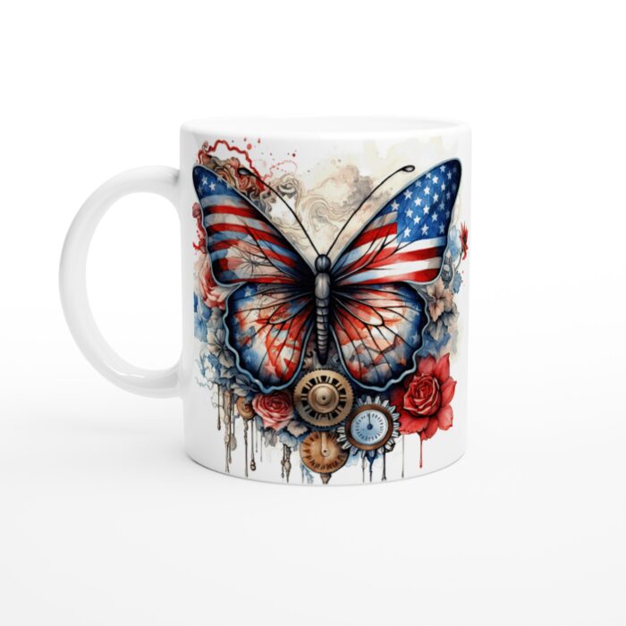 Patriotisk Fjärilsmugg – Keramisk Favorit med Amerikansk Flagga Design