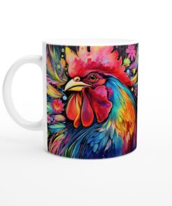 Färgsprakande tupp – konstnärlig keramisk mugg för din dagliga dos av glädje