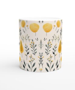 Gul & Grå Blomstermugg – Vit 11oz Keramisk Kaffemugg med Akvarelldesign