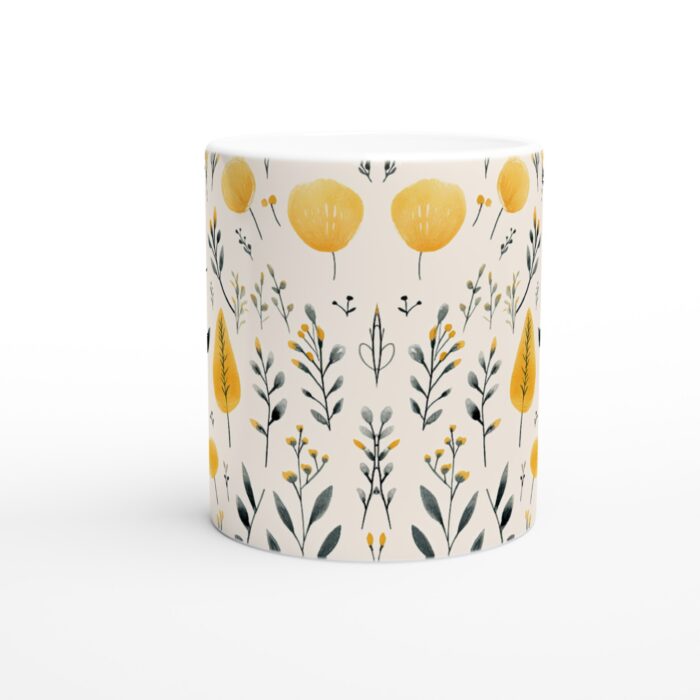 Gul & Grå Blomstermugg – Vit 11oz Keramisk Kaffemugg med Akvarelldesign