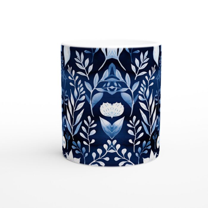 Marinblå Blomsterprakt Keramisk Mugg - Lyxig 11oz Kaffemugg med Akvarelldesign