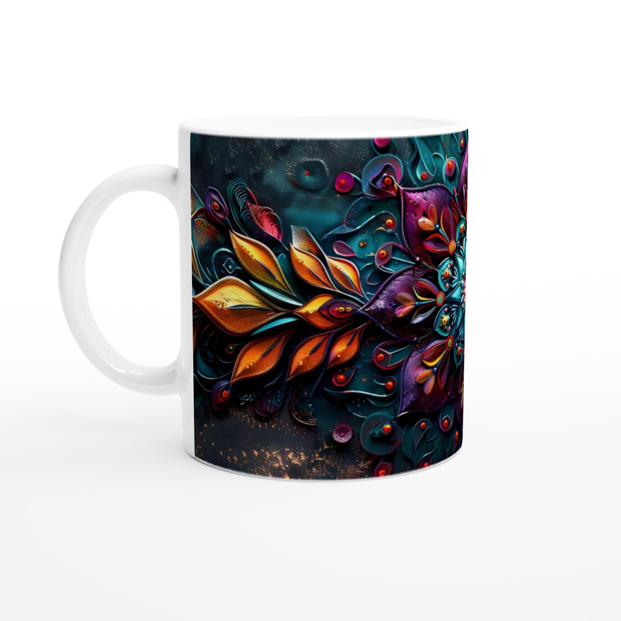 Abstrakt mandala keramikmugg i levande turkos & orange – 11 oz Vit Mugg för konstälskare