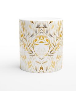 Gyllene Löv Keramisk Mugg – Elegant 11oz Kaffekopp med Akvarellmönster