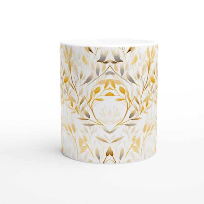 Gyllene Löv Keramisk Mugg – Elegant 11oz Kaffekopp med Akvarellmönster
