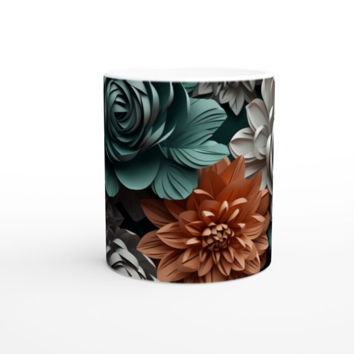 Konstnärlig Blomster Mugg – 11oz Keramisk Kaffekopp med 3D-Effekt Blommor i Persika, Mint & Grått