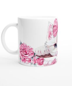 Söt Kattunge med Rosa Rosor & Pärlor Keramisk Mugg - Vit 11oz