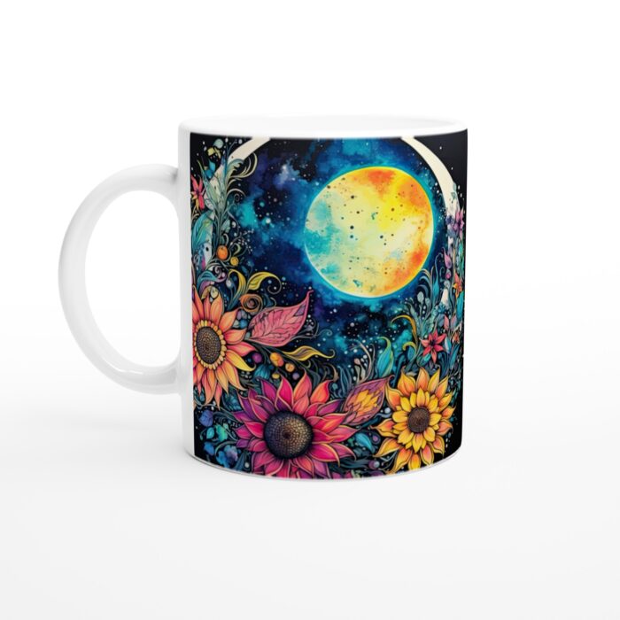 Kosmisk Blomsterprakt Keramisk Mugg – Drömsk Design med Solrosor och Stjärnklara Nätter