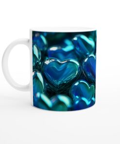 Förälskelse i Blått: Vit Keramisk Mugg med Glänsande Blå Hjärtan – Perfekt för Kärlek & Fika!