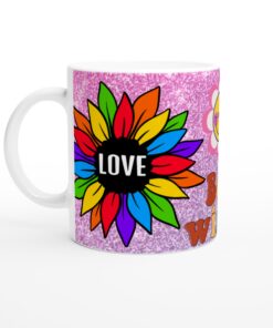 Keramisk mugg – Retro Love & Best Wishes med glad emoji och regnbågsfärger på glittrig bakgrund