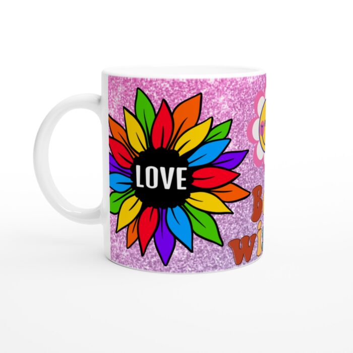 Keramisk mugg – Retro Love & Best Wishes med glad emoji och regnbågsfärger på glittrig bakgrund
