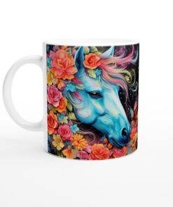 Keramisk mugg – Magisk Häst med Färgsprakande Blommor & Abstrakt Konst