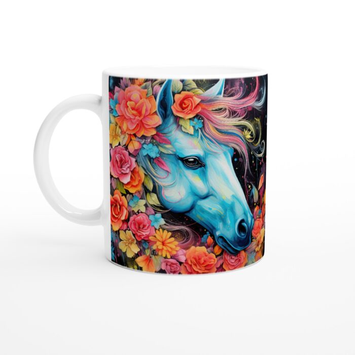 Keramisk mugg – Magisk Häst med Färgsprakande Blommor & Abstrakt Konst