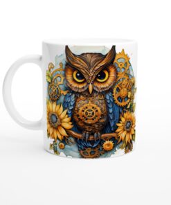 Steampunk Uggla Keramisk Mugg – Konstfull Design med Kugghjul & Solrosor