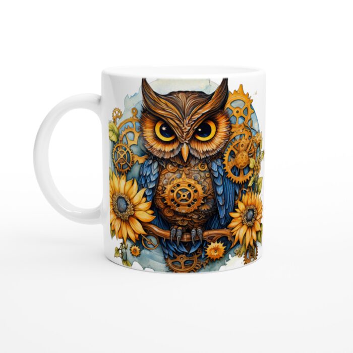 Steampunk Uggla Keramisk Mugg – Konstfull Design med Kugghjul & Solrosor