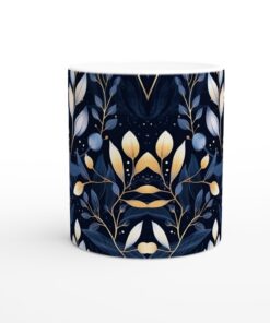 Mörkblå blommig 11 oz keramisk mugg – elegant design för kaffe och te
