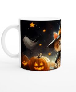 Vit 11oz keramisk mugg med kattunge i häxhatt - Perfekt för Halloween!