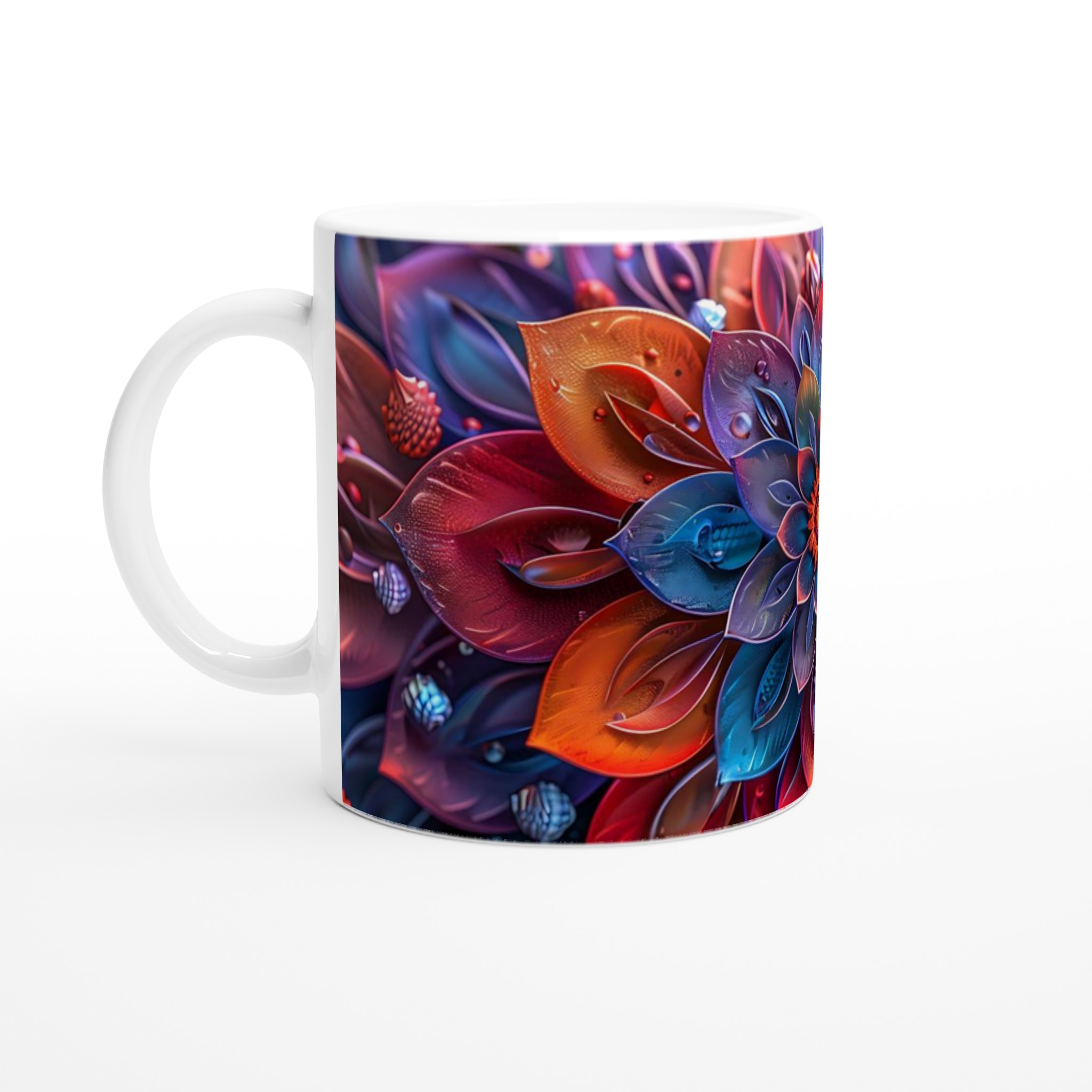 Abstrakt Mandala i Hypnotiska Blå och Röda Nyanser – 11 oz Keramisk Mugg