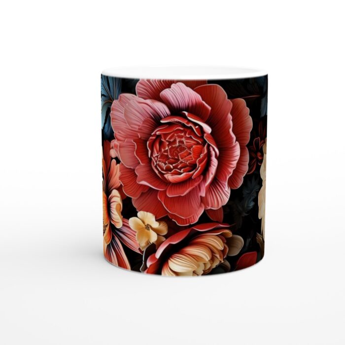 Mörkblommig Vit Keramisk Mugg 11oz - Konstfull Design med Röda & Blå Nyanser