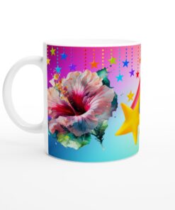 Keramisk Mugg – Färgglad Regnbågsdröm med Blommor och Stjärnor