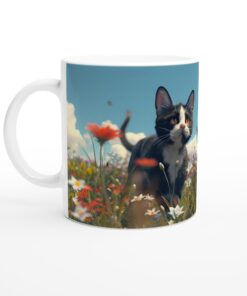 Förtrollande Katt i Blomsteräng – Vit 11oz Keramisk Mugg