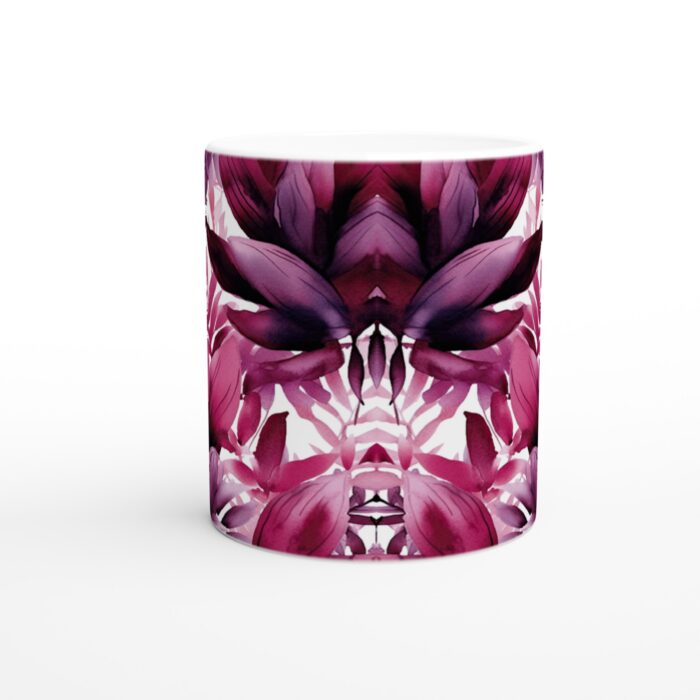 Ceramic Mug with Artistic Magenta & Purple Watercolor Leaf Design - 11oz