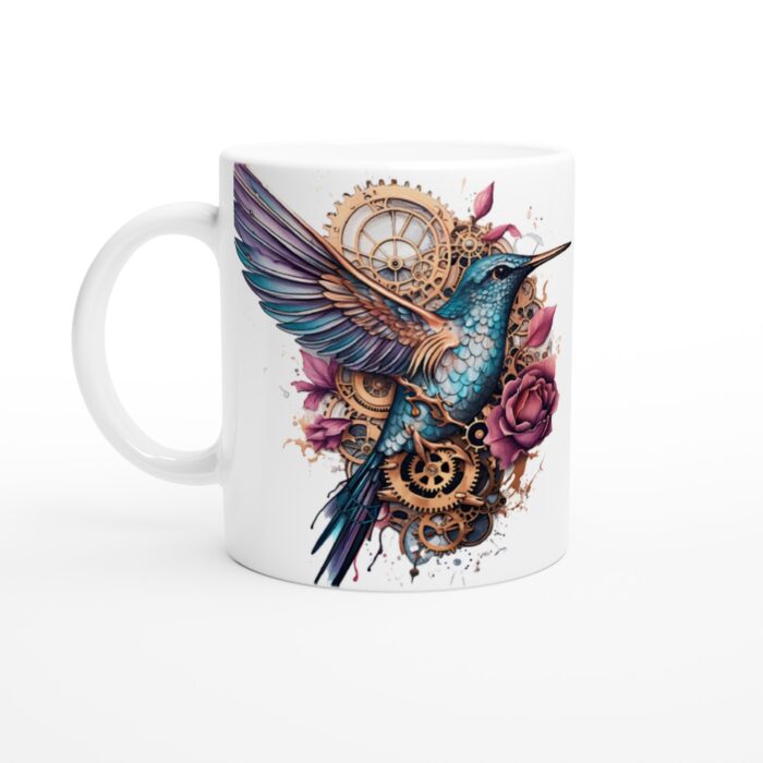 Steampunk Kolibri Mugg – Tidlös Design med Vackra Kugghjul & Rosor i Blå & Lila Toner