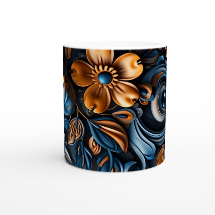 Abstrakt Blommig 11oz Keramikmugg i Blått & Guld – Konstnärlig Kaffekopp för Hem och Kontor
