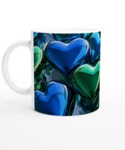 Kärleksfull Muggupplevelse: Vit 11oz Keramisk Mugg med Glänsande Blå och Gröna Hjärtan
